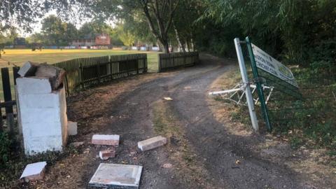 The entrance to Syston Town Cricket Club was rammed leaving bricks on the floor and a fence damaged. 