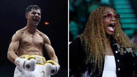 Split image Teo Alin celebrates in the ring and Claressa Shields at ringside