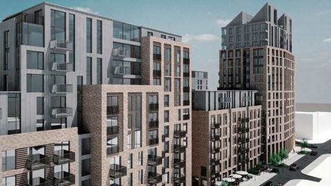 CGI of proposal flats for Dryden Mill, a huge development with multi storey brown and grey apartments with balconies