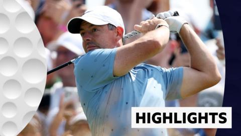 Rory McIlroy mid-swing in a blue shirt and white cap at the Scottish Open.