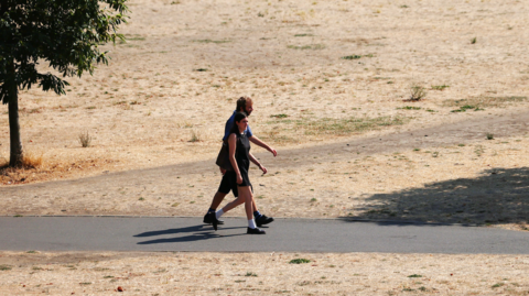 Two people walk through a park which is very yellow