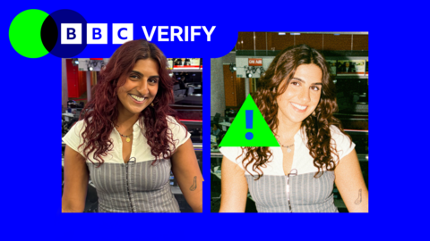 A side-by-side comparison image. On the left, we see a woman with red hair and dark skin smiling. On the right, we see an AI-generated version of the same image. In the AI-generated image, the woman's skin appears lighter and some of her facial features have changed. 