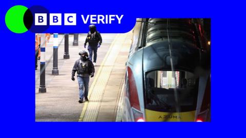 BBC Verify logo with image of the LNER train, the platform and two officers walking along it