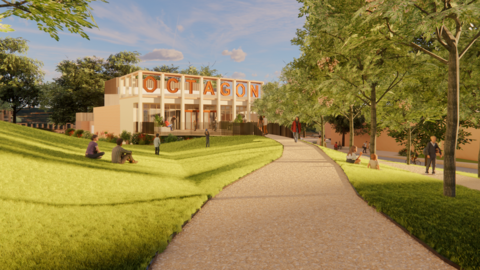 An artists' impression of the new theatre with a long public walkway through a park towards its entrance. The building has a modern design.