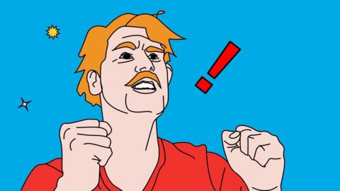 Illustration of a man with a moustache clenching his fists alongside an exclamation mark