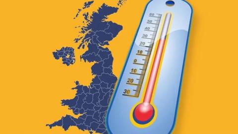 A map of the UK and a thermometer.