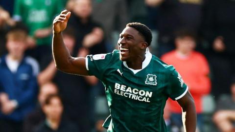 Bim Pepple celebrates scoring for Plymouth against Huddersfield