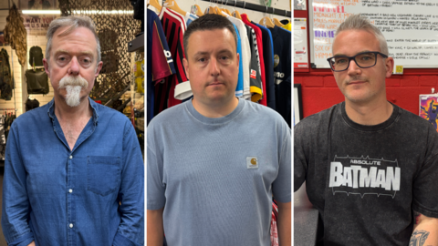 A composite image of three men, one has white hair and beard wearing blue shirt, man in middle has black hair and blue top and third is a man with grey hair and has glasses and a black batman top