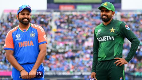 India's Rohit Sharma and Pakistan's Babar Azam during the toss at the Men's T20 World Cup