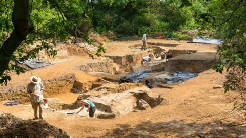An excavation site that is surrounded by green trees. Researchers work within dug out sites during a summer day.