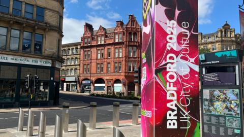 Bradford City of Culture 2025 banner in Bradford city centre's Centenary Square