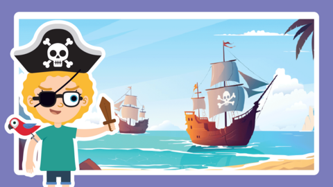 Two galleon ships on the shore of a tropical island with a cartoon boy dressed as a pirate in the foreground