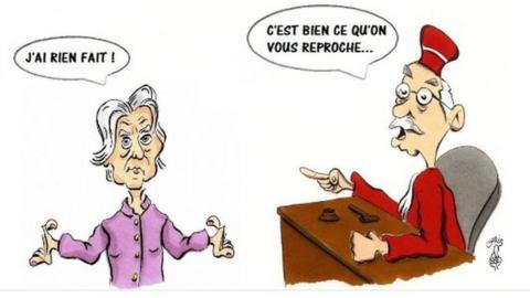 @Chribactu's cartoon shows Penelope Fillon saying 'I haven't done anything' and the judge saying 'That's exactly why we're investigating you'