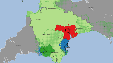 A map of Devon showing the current and expanded areas of Plymouth, Torbay and Exeter