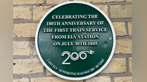 plaque denoting first train service out of Ely on 30 July 1845
