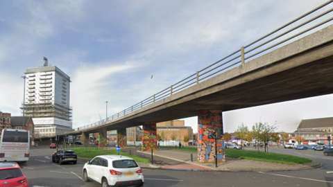 A view looking along the flyover from the roundabout below