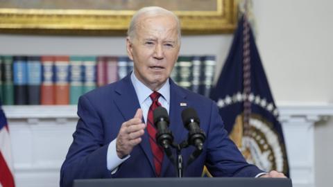 US President Joe Biden makes a statement on the campus unrest, in the Roosevelt Room of the White House in Washington