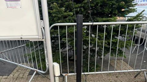 The lights hanging off the Christmas tree and dangling over a barrier after being pulled down