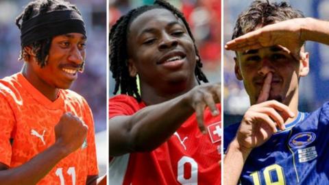 A split image showing youngsters who have impressed at the 2026 World Cup including the Ivory Coast's Yan Diomande (left), Switzerland's Johan Manzambi (centre) and Bosnia-Herzegovina's Kerim Alajbegovic
