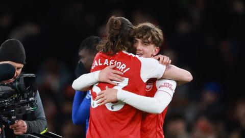 Riccardo Calafiori hugs Max Dowman after Everton match