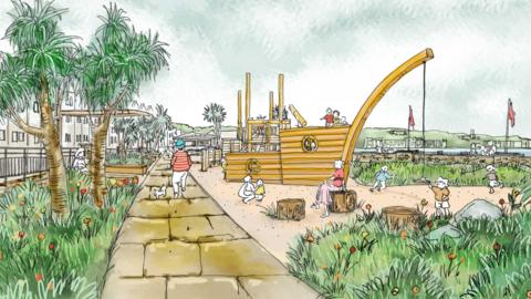 An illustration of garden number 4, which has a ship design play area for children and a paved path.