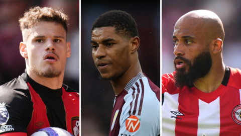 Split image of Milos Kerkez, Marcus Rashford and Bryan Mbeumo