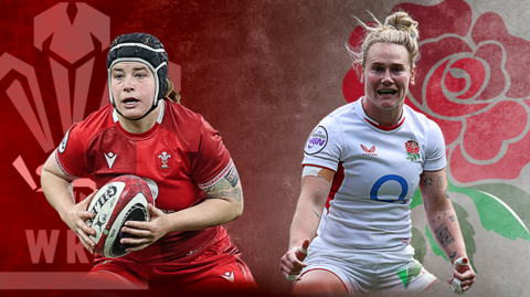 Bethan Lewis in the red of Wales holding a ball and Meg Jones in the white of England, with Wales and England graphics as a background