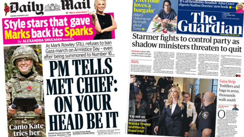 The headline in the Mail reads, "PM tells Met chief: on your head be it", while the headline in the Guardian reads, "Starmer fights to control party as shadow ministers threaten to quit"