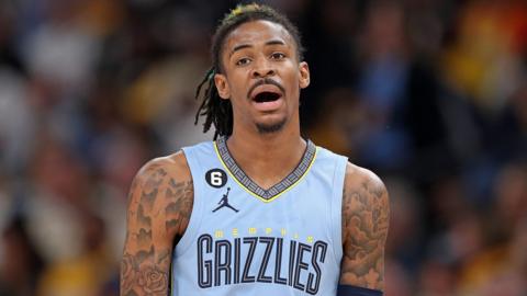 Memphis Grizzlies guard Ja Morant reacts during a game against the Los Angeles Lakers