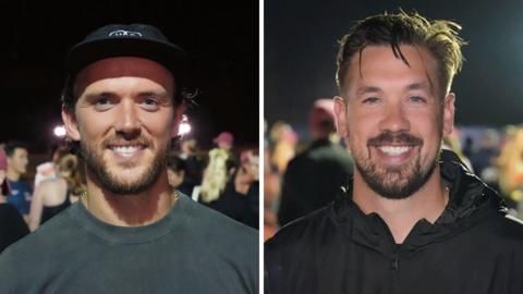 Emyr Huws, wearing a cap and grey T-shirt and Luke Chambers, in a black Sports jacket. Both men are smiling into the camera.