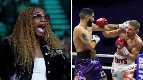 Split image of Claressa Shields at ringside and Rhys Edwards punched Gary Powar