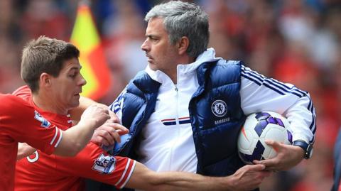 Steven Gerrard tries to wrestle a ball which Jose Mourinho is holding