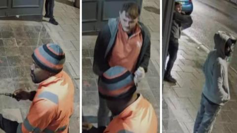 A composite image showing three separate frames of three individuals captured on CCTV. One is wearing an orange hi-vis jacket and an orange, grey and black striped beanie hat. Another is wearing an orange three-quarter zip jumper, black jeans and a grey jacket. The third is wearing light coloured jeans,  grey zip up hoodie and a black beanie hat.