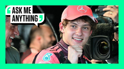 Mercedes' Kimi Antonelli celebrates taking pole position for the Miami Grand Prix sprint race in May