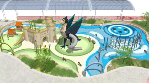A computer generated artist's impression of a play area including a Liver Bird tower with tube slide, a castle structure, green areas and a climbing rope structure