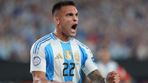 Argentina's Lautaro Martinez celebrates scoring a goal