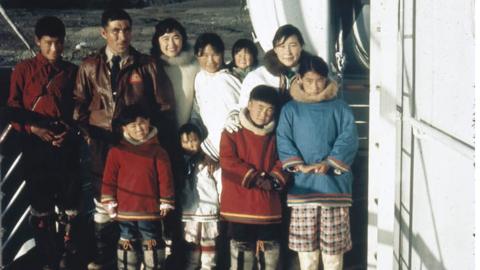 Inuit family on board the CD Howe at Grise Fiord (Qikiqtaaluk), Nunavut in 1958