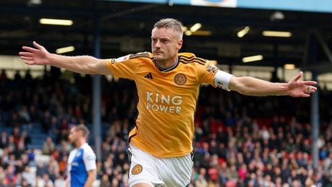 Jamie Vardy celebrates a goal for Leicester City against Blackburn Rovers