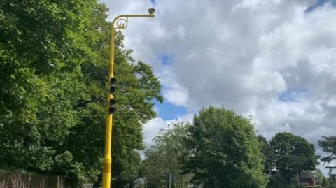 A yellow speed camera on a tree-lined road