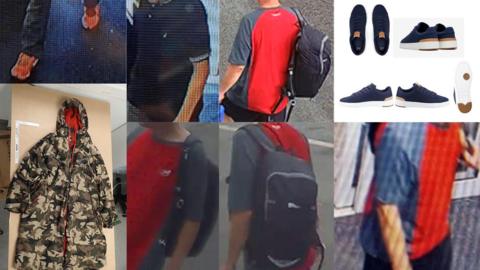 A collage of clothing which features a cropped picture of a person walking with jeans and orange trainers, a cropped picture of a person wearing a navy polo top, pictures of a person wearing a grey and red T-shirt and a carrying a black backpack, pictures of navy shoes with white soles from different angles and a long camouflaged ‘Saltrock’ dry robe coat with a red lining.
