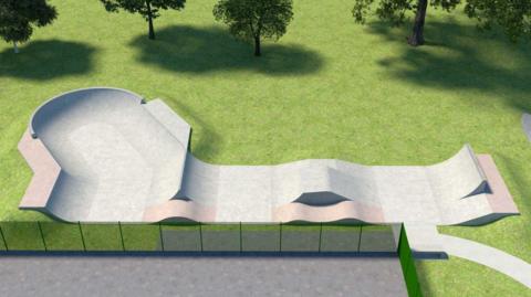 A graphic of the proposed skate park, it is a large concrete structure on a field. 