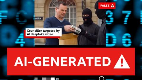 An AI image of two men in balaclavas exchanging money with a man in a blue jumper