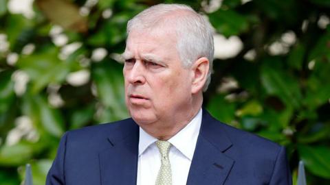 Andrew Mountbatten-Windsor photographed against a green leafy backdrop. He is an older man with short grey hair, wearing a blue suit, white shirt and green tie.