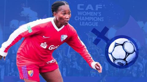 Collage depicting footballer Esse Akida wearing a red strip with a football in the middle of a female gender symbol and a background with a team lifting a trophy