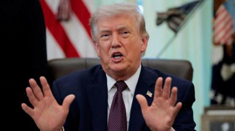 US President Donald Trump gestures with both hands while seated, with out of focus US flags in the background