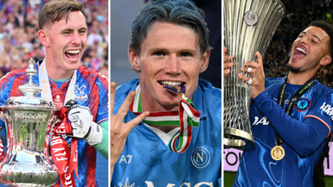 A split picture showing former Manchester United goalkeeper Dean Henderson, former Manchester United midfielder Scott McTominay and winger Jadon Sancho, who is on loan at Chelsea