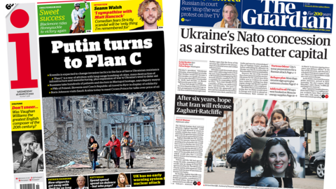 The front pages of the i and the Guardian carry stories on the conflict in Ukraine