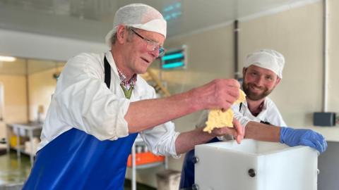 Two men are wearing white overalls, blue aprons and white hats. They are both working on the process of making Double Gloucester cheese. Rod Smart is putting the curd through the mincing machine which is a white box. His son, Phil Smart is supporting him.