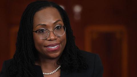 Judge Ketanji Brown Jackson, with President Joe Biden, speaks after she was nominated for Associate Justice of the US Supreme Court