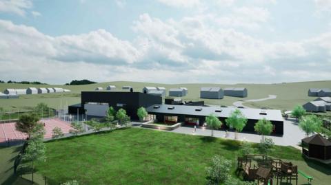 A visualisation showing the new school and community facilities. The school is a modern building in an area of green space.
